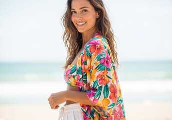 Woman in colorful floral kimono and white shorts on beach with ocean background. Summer vacation fashion for resort wear and tropical clothing collections