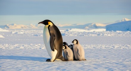 Emperor Penguin with Grey Chicks Standing on White Snow in Antarctica