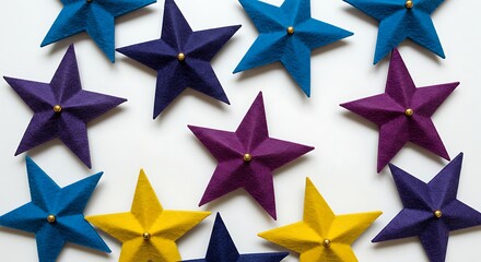 Obraz premium Colorful Felt Stars Blue Purple Yellow on White Background