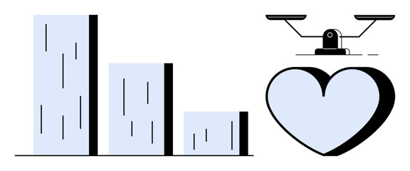 Bar graph descending in height beside heart on a balance scale. Ideal for finance, business, emotion, decision-making, priorities, work-life balance, sustainability. Represents a simple flat metaphor