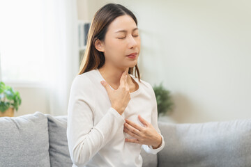 Acid reflux disease, suffer asian young woman have symptom gastroesophageal, esophageal, stomach...