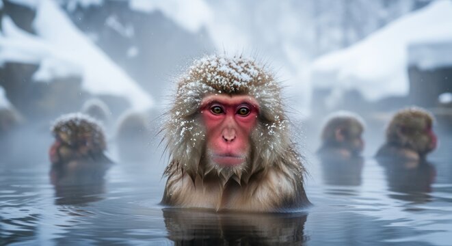 Snow Monkey Bathing in Icy Water with Red Face and Fur