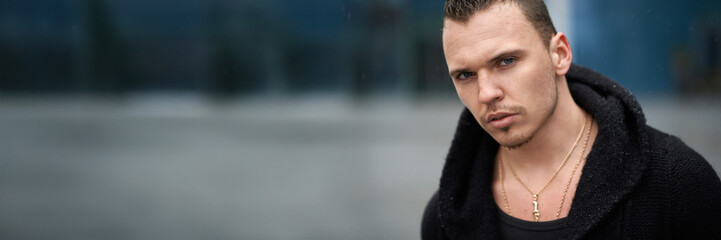 Man with Intense Expression Wide Banner with Copy Space