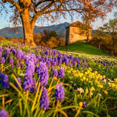 Obraz premium Spring wildflowers, old house, tree