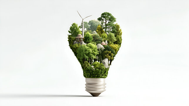 A lightbulb filled with lush greenery trees rocks and a wind turbine representing green energy and sustainable living