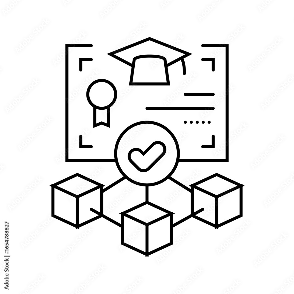 Poster blockchain based credentials verification line icon vector illustration