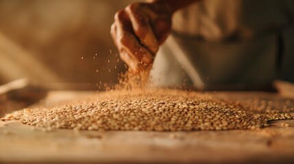 Hands sifting grains onto a wooden surface