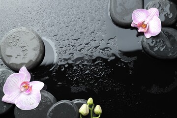 Beautiful orchid flowers with water drops and spa stones on dark surface, flat lay