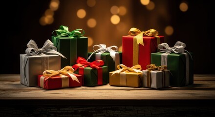 Obraz premium Christmas presents arranged on a wooden table, bathed in warm, festive light. Various colors and ribbons adorn the gifts