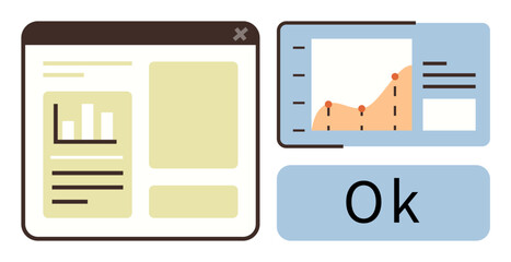 Browser window with graphs and text, analytics dashboard with chart and growth trend, confirmation button. Ideal for data analytics, reporting, success metrics, UI design, finance, decision-making