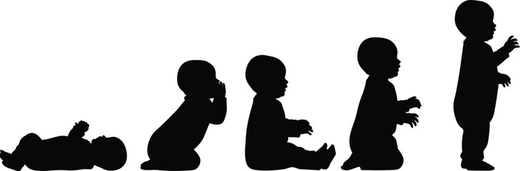 Vector art of baby development stages silhouette from crawling to standing