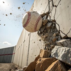 A baseball hits through a cement wall. concept of strength  Photo
