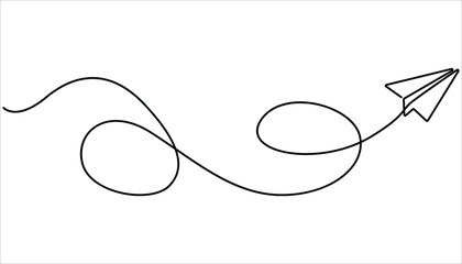 Paper plane continuous one line drawing minimalist vector icon. Paper plane flying with hearts in continuous one line drawing love card concept. The flying paper linear graphics in an editable outline