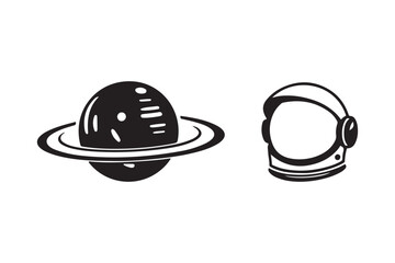 Astronaut helmet and ringed planet illustration