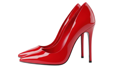Crimson Elegance: Two stunning red high heels exude sophistication and style, their sleek design and glossy finish creating a captivating image. 