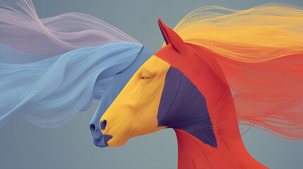 Surreal Abstract Duality of Horses in Flowing Colorful Strands – Symbolic Conceptual Art