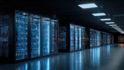 Futuristic server room interior with glowing racks