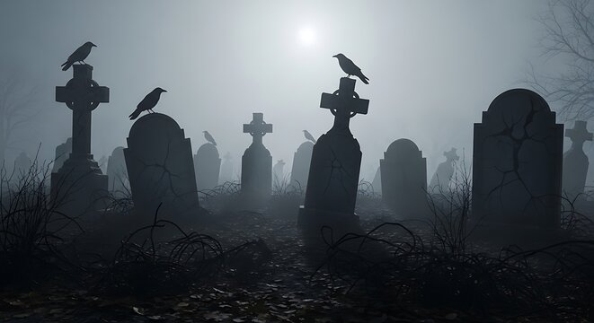 Photo of crows on tombstones in a foggy graveyard