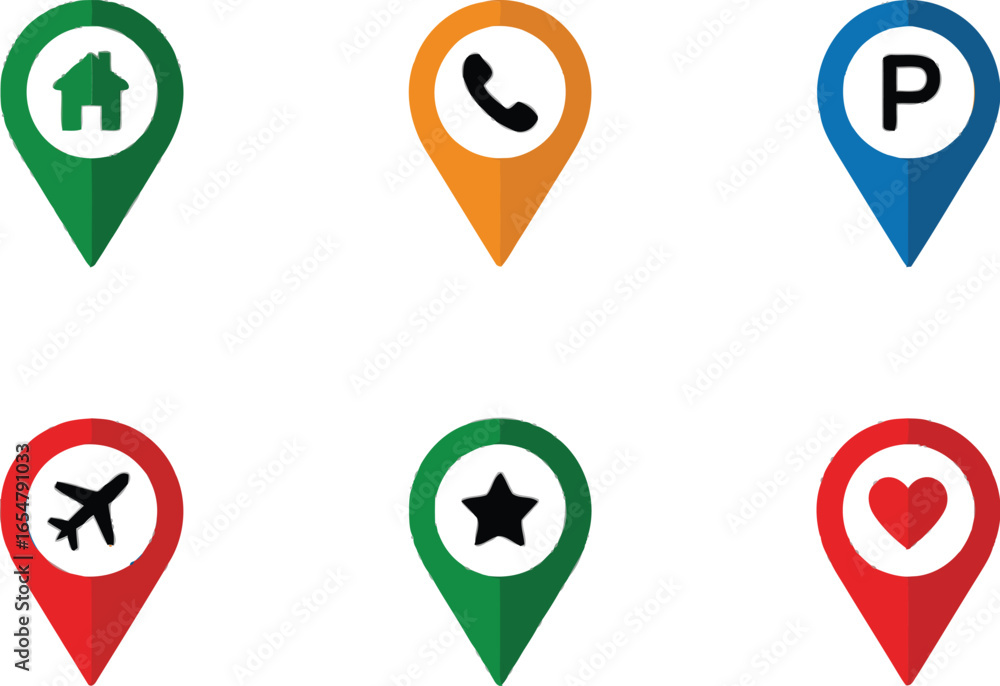 Poster collection of six distinct minimalist location pin icons with clean lines and versatile color option