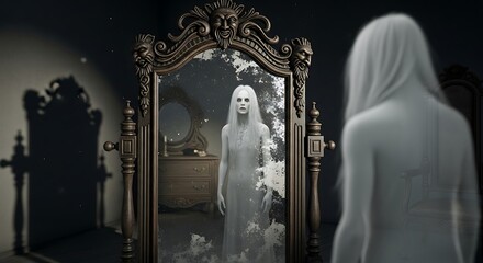 Photo of ghostly woman in ornate mirror reflection