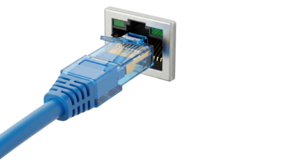 Network Connectivity: A vibrant blue network cable seamlessly connects to a wall port, signaling the seamless flow of data, information, and communication in the digital age.