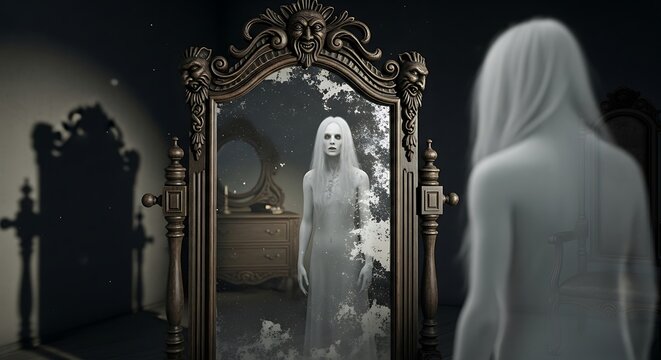 Photo of ghostly woman in ornate mirror reflection