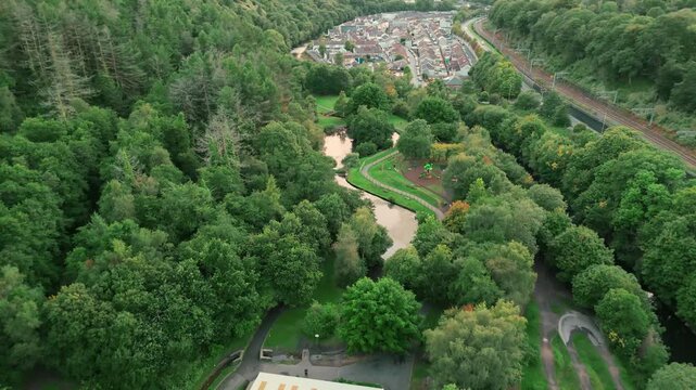 Trees and River Barry Sidings Country Park South Wales Valleys Trehafod Hopkinstown Rhondda Drone Video