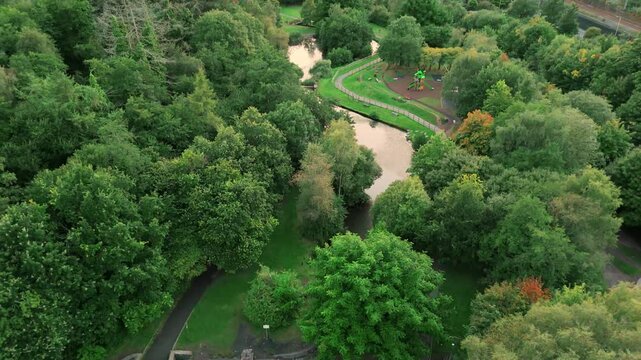 Trees and River Barry Sidings Country Park South Wales Valleys Trehafod Hopkinstown Rhondda Drone Video