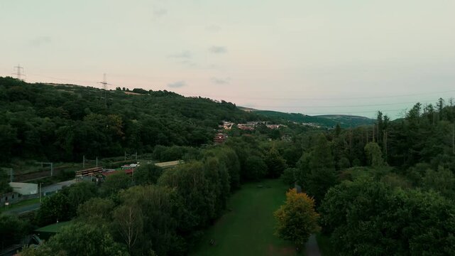Trees and River Barry Sidings Country Park South Wales Valleys Trehafod Hopkinstown Rhondda Drone Video
