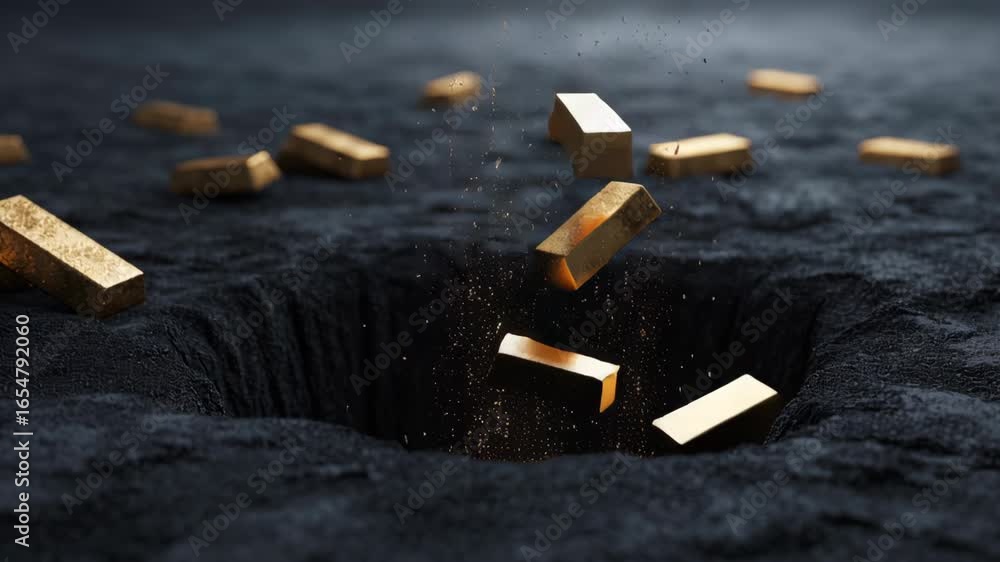 Aufkleber 3d rendering of floating gold bars above dark surface with glimmering effects