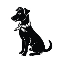 Black silhouette of a dog wearing a bandana sitting and looking to the side