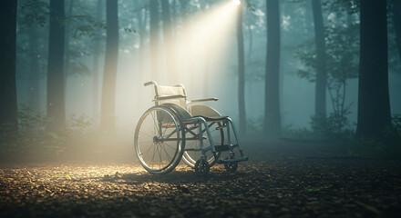Obraz premium A wheelchair sits alone in a misty forest, bathed in a beam of light.