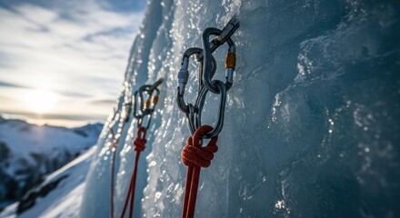 Close-up ice climbing gear on icy cliff face.  Sunlight peeks through clouds