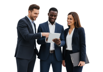 Professional business team working together with tablet isolated on transparent background