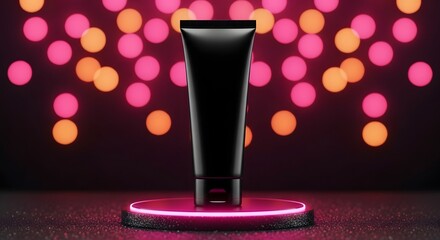 Black cosmetic tube mockup on glowing podium with blurred background