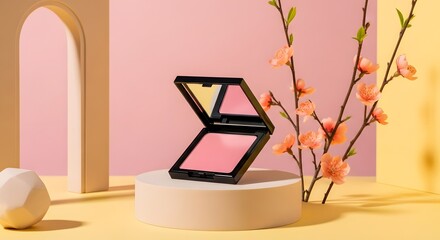 Elegant Blush Compact on Pedestal with Peach Blossoms for Makeup Marketing