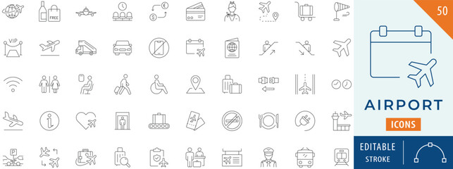 Airport icon collection set. Editable stroke.