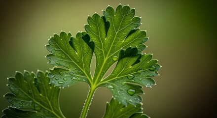 Fototapeta premium Green Leaf with Water Droplets - Fresh Parsley Closeup