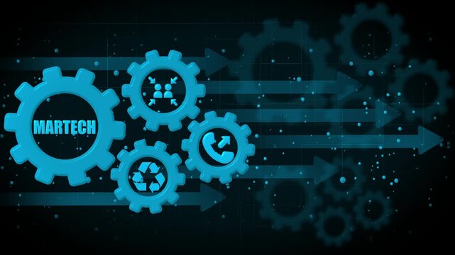 Martech gears with icons for customer engagement recycling and communication on a dark tech