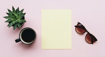 Feminine workspace with coffee plant paper and sunglasses on pink