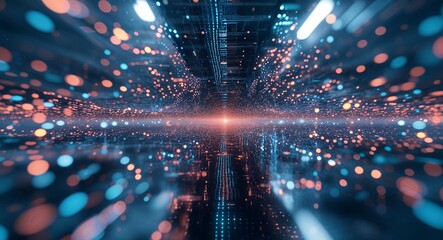 Abstract digital space with blue and orange bokeh lights and a central bright glow point