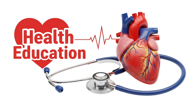 Health education concept with heart, stethoscope isolated on transparent background