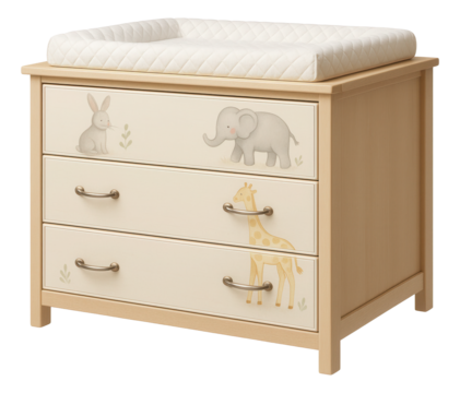 A customized changing dresser featuring hand-painted animal motifs, adding a whimsical touch to a playful nursery in a family home.