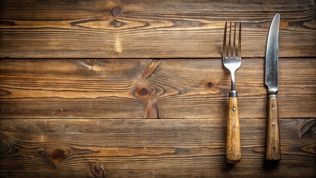 Rustic wooden table setting with elegant vintage fork and knife, ready for a delectable meal