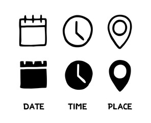 Date time place icon set hand drawn