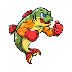 A cartoon trout fish mascot, wearing boxing gloves, in a fighting stance, ready to rumble. The design should be vibrant and playful.