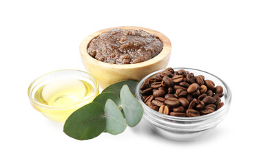 Natural body scrub, coffee beans, oil and eucalyptus branch isolated on white