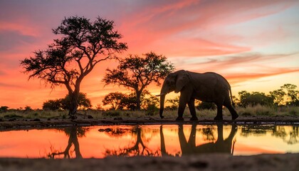 Fototapeta premium Majestic elephant silhouetted against a vibrant sunset reflecting in a tranquil waterhole, creating a captivating scene of the African savanna.