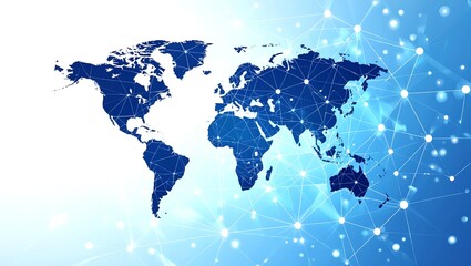 A digital art piece featuring an abstract geometric background with connecting dots and lines that represent a global network conn