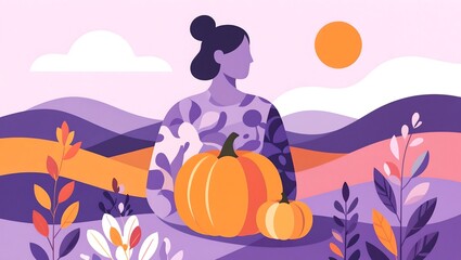 An abstract position featuring a figure, pumpkin, and landscape elements, Soft lavender tones should dominate the image